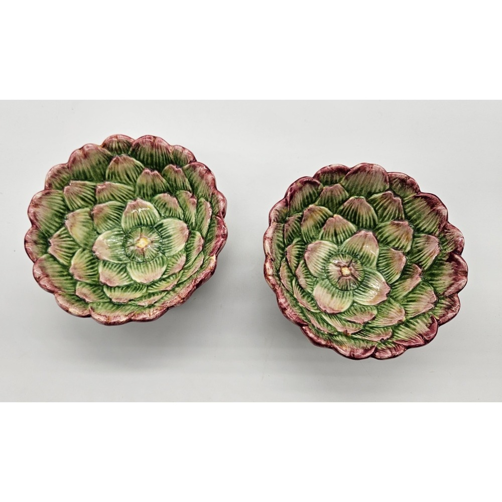 Fitz & Floyd 1991 Artichoke Bowls Set of 2 Green Purple Ceramic Botanical Decor
